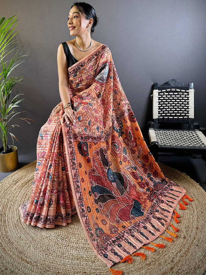 Peach Madhubani Print Soft Silk Saree with Peacock Artwork & Tassel Pallu
