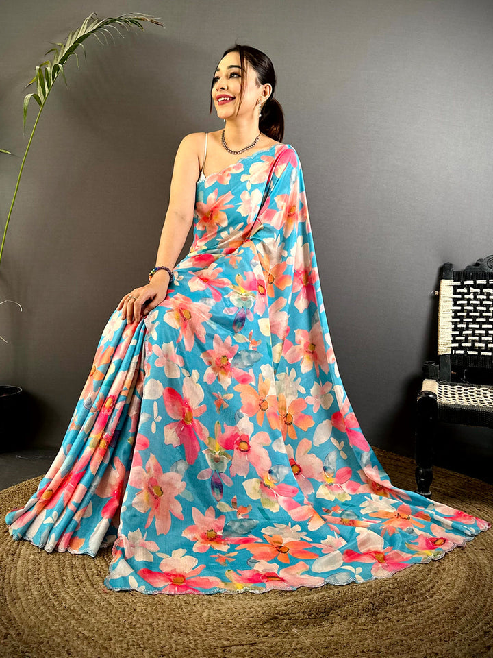 Premium Blue Floral Printed Linen Saree for Women