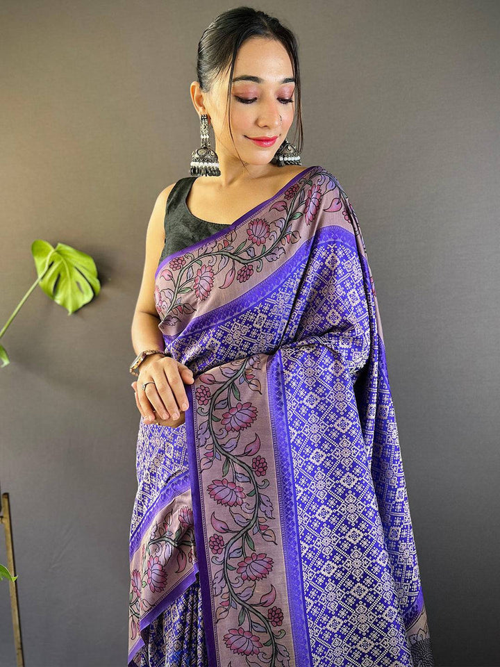 Purple Madhubani Print Soft Silk Saree with Contrast Border & Tassel Pallu