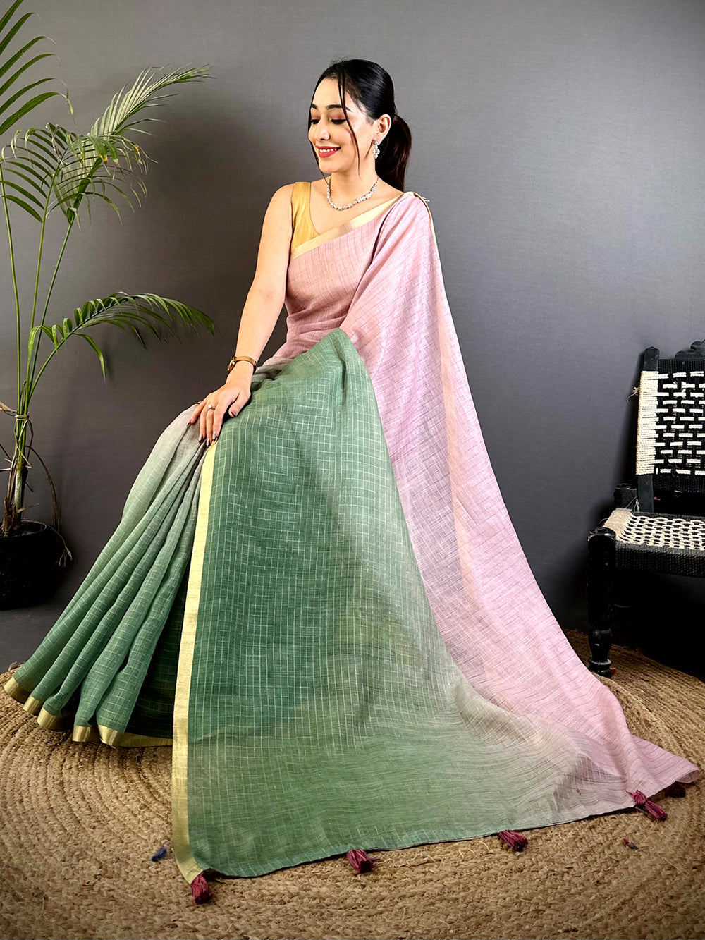 Pastel Pink & Green Linen Silk Saree with Subtle Checks & Golden Border