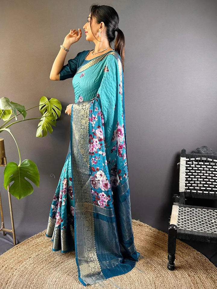 Teal Floral Printed Soft Silk Saree with Golden Zari Border