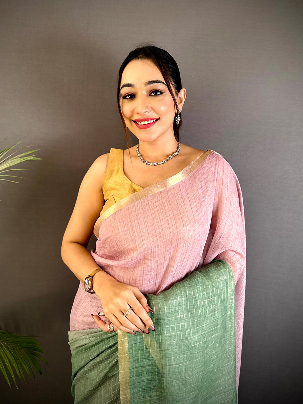Pastel Pink & Green Linen Silk Saree with Subtle Checks & Golden Border