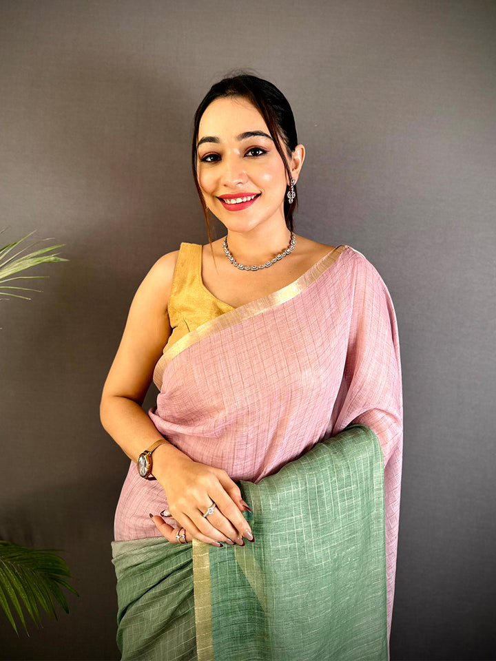 Pastel Pink & Green Linen Silk Saree with Subtle Checks & Golden Border
