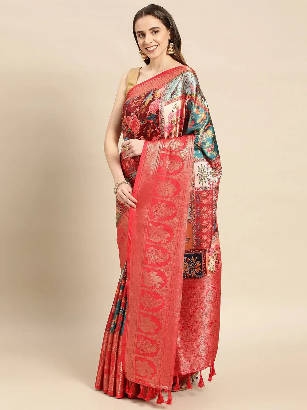 Red Banarasi Silk Saree with Floral Patchwork Digital Print & Rich Zari Border