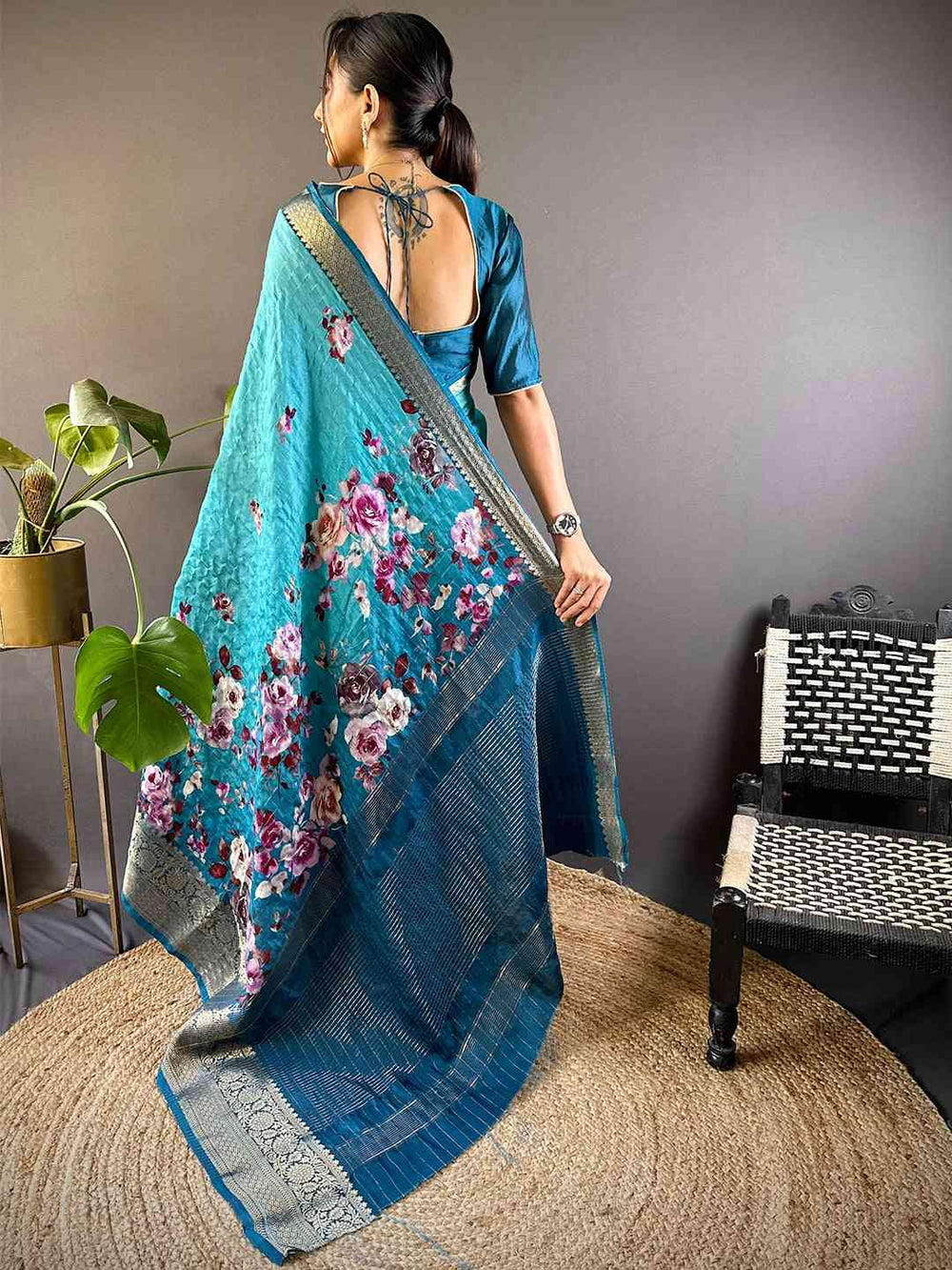Teal Floral Printed Soft Silk Saree with Golden Zari Border