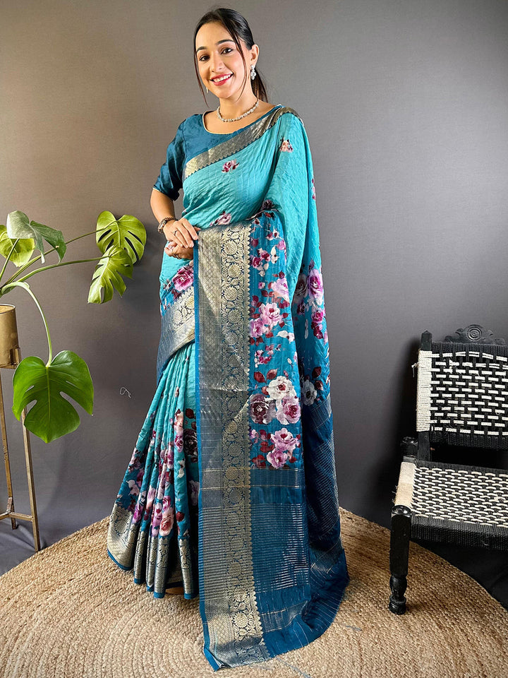 Teal Floral Printed Soft Silk Saree with Golden Zari Border