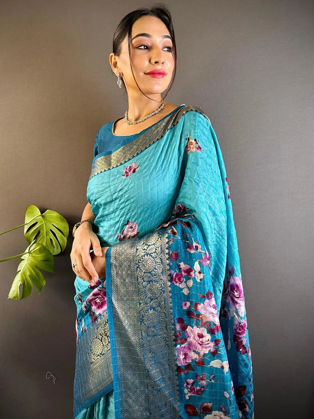 Teal Floral Printed Soft Silk Saree with Golden Zari Border