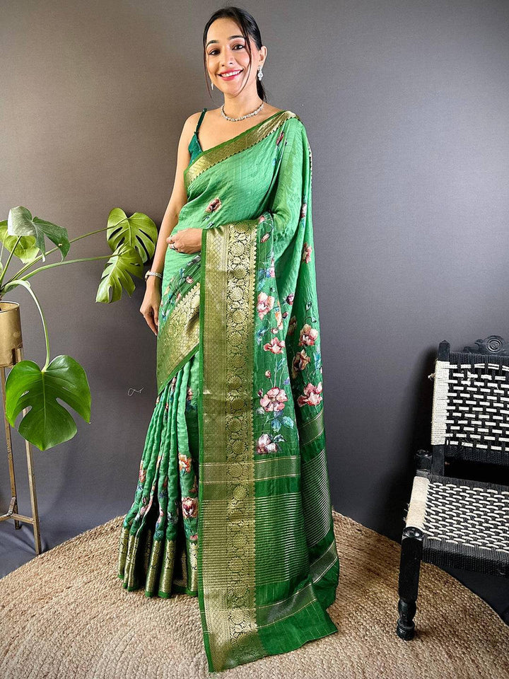 Green Floral Printed Soft Silk Saree with Golden Zari Border