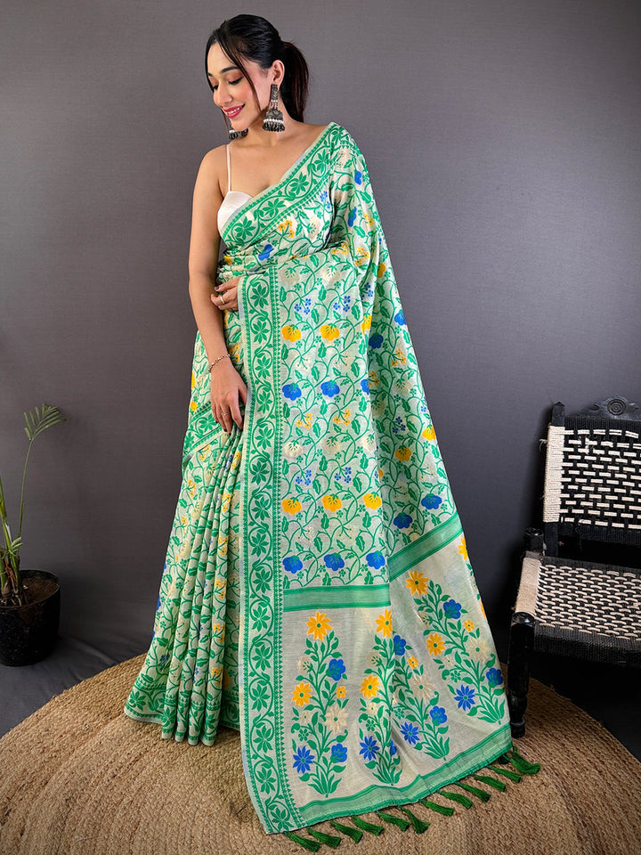Elegant Green Floral Printed Cotton Silk Saree for Women