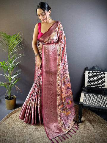Pink Madhubani Printed Soft Silk Saree with Detailed Zari Border