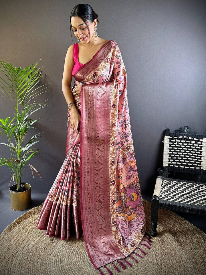 Pink Madhubani Printed Soft Silk Saree with Detailed Zari Border
