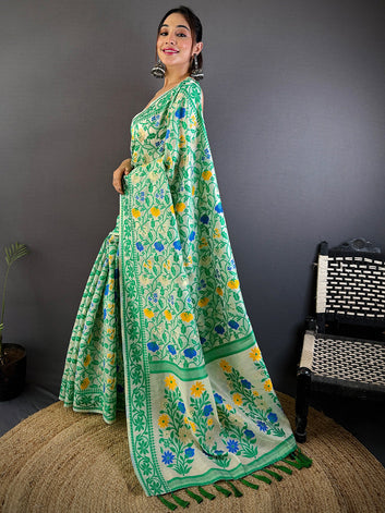 Elegant Green Floral Printed Cotton Silk Saree for Women