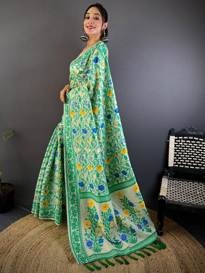 Elegant Green Floral Printed Cotton Silk Saree for Women