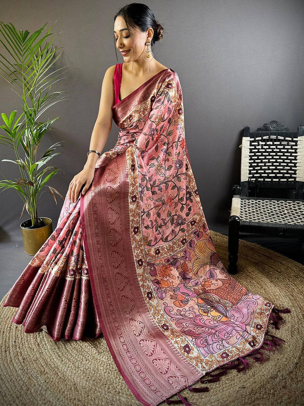 Pink Madhubani Printed Soft Silk Saree with Detailed Zari Border