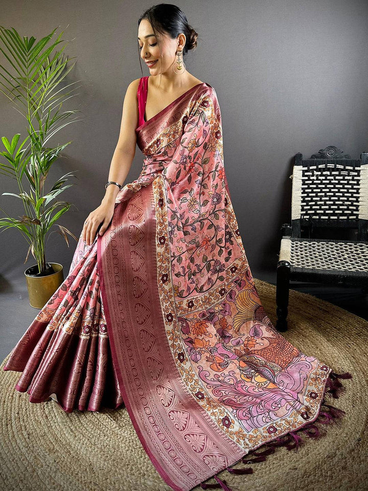 Pink Madhubani Printed Soft Silk Saree with Detailed Zari Border