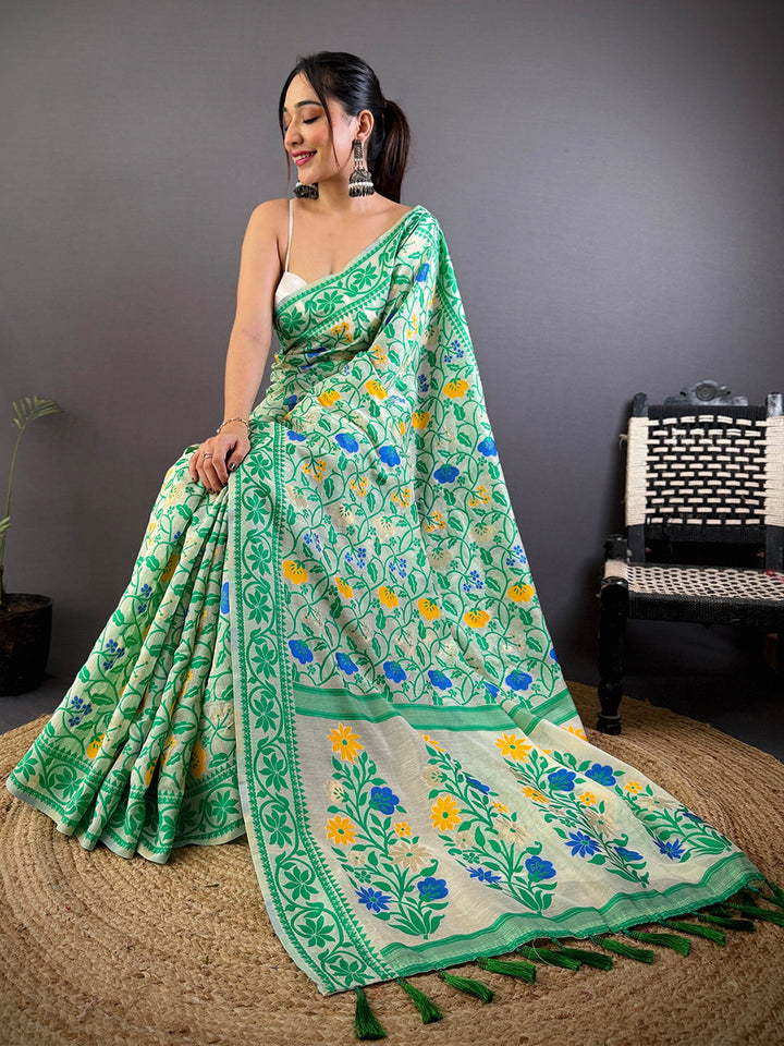 Elegant Green Floral Printed Cotton Silk Saree for Women