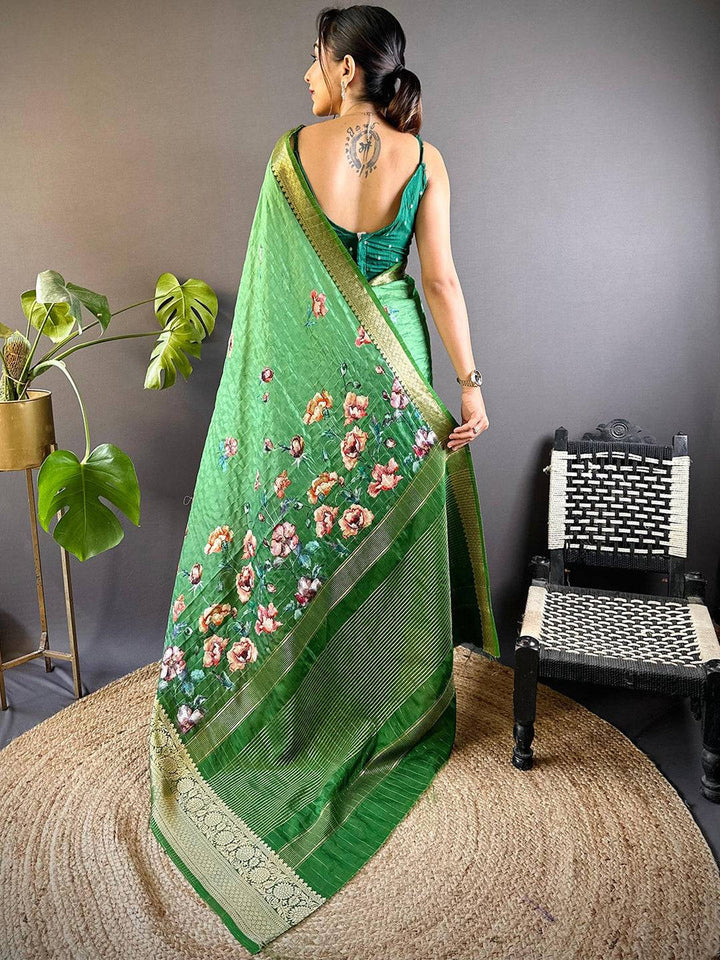 Green Floral Printed Soft Silk Saree with Golden Zari Border