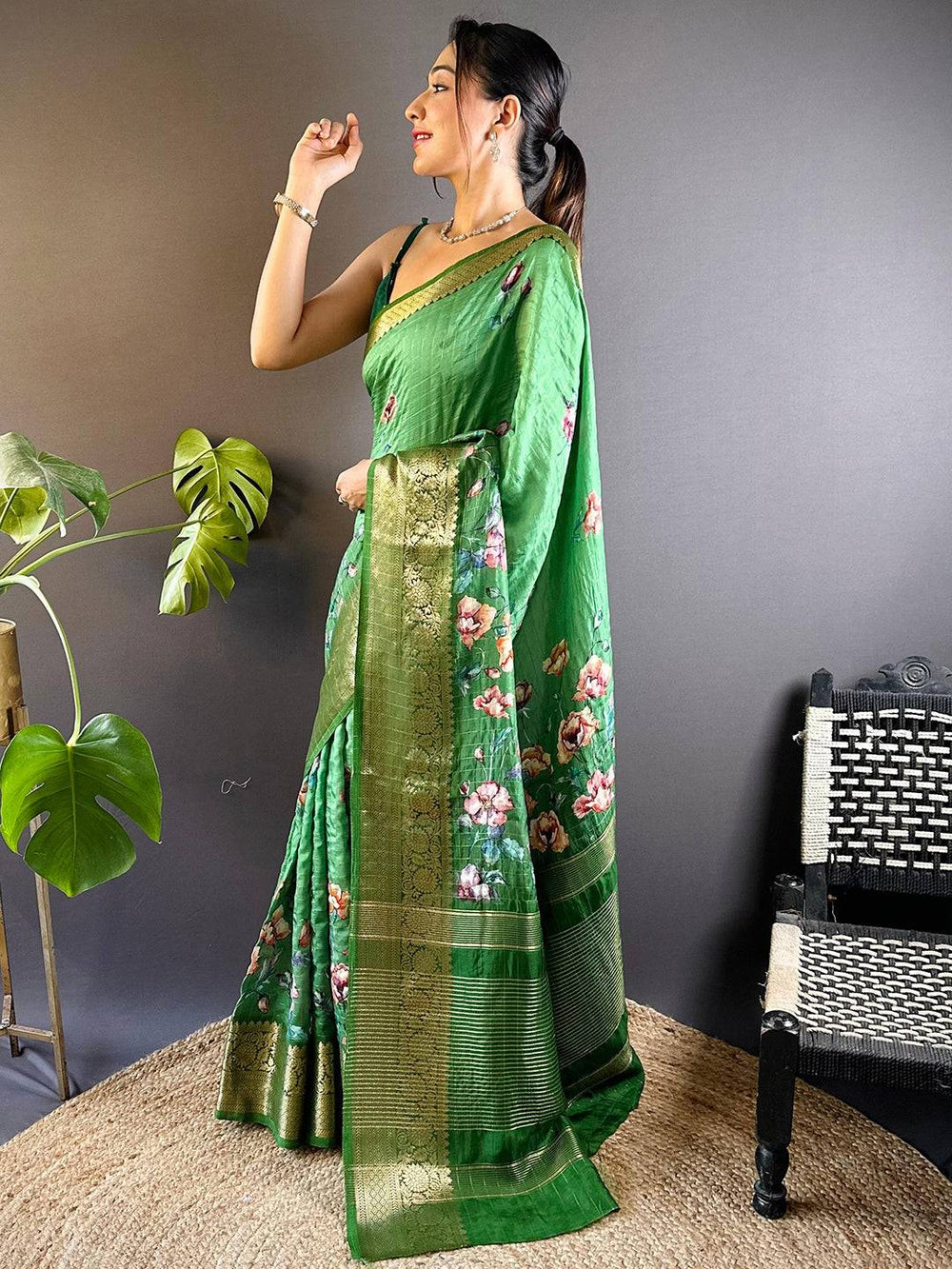 Green Floral Printed Soft Silk Saree with Golden Zari Border