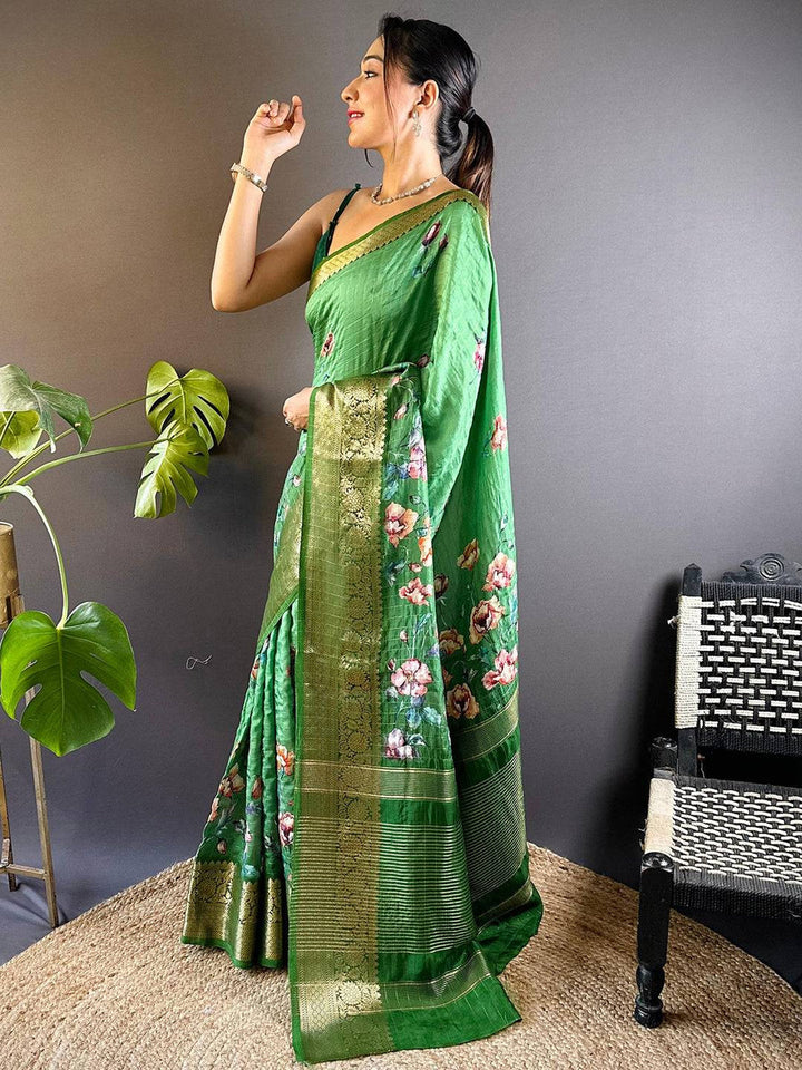 Green Floral Printed Soft Silk Saree with Golden Zari Border