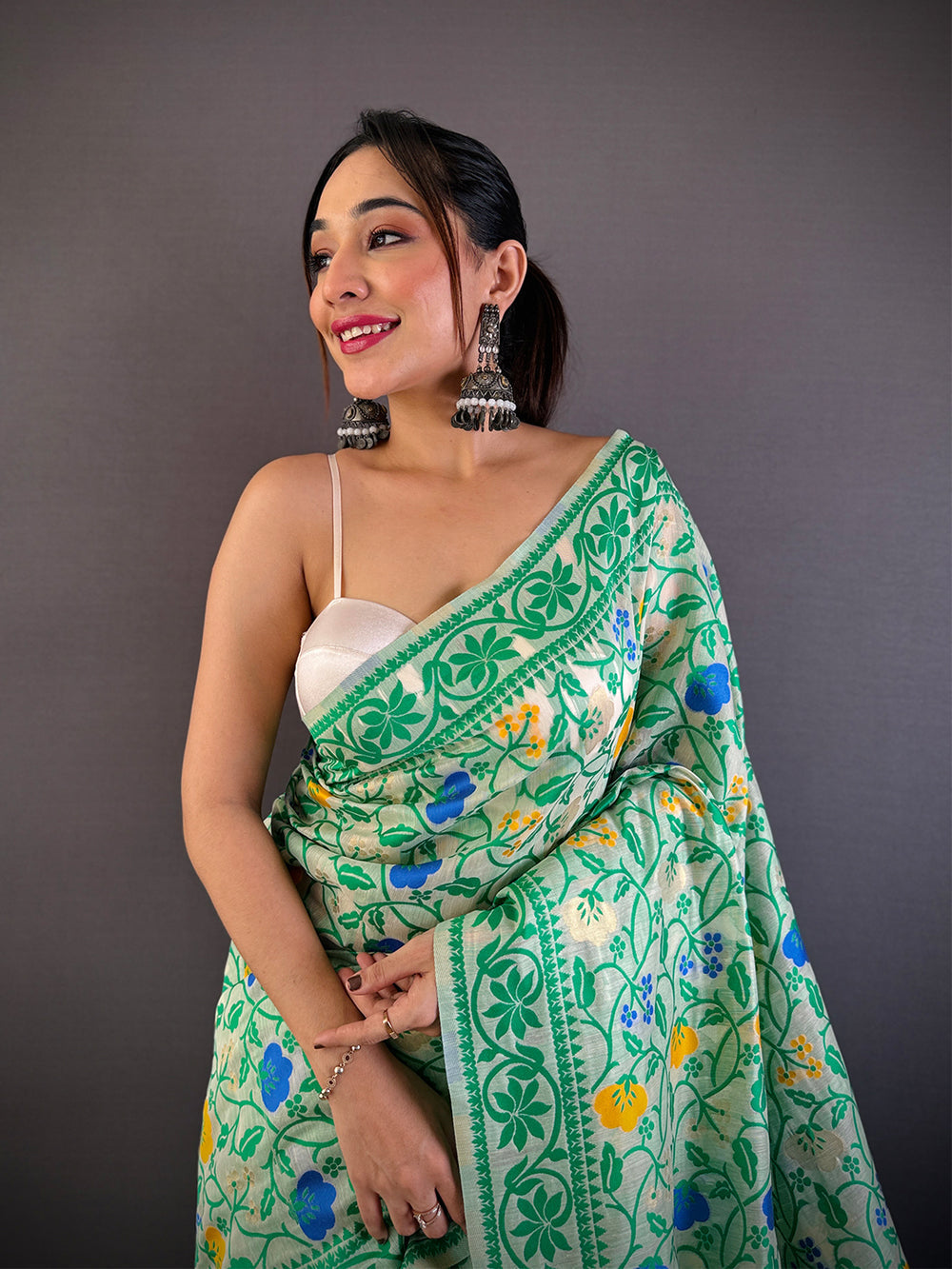 Elegant Green Floral Printed Cotton Silk Saree for Women