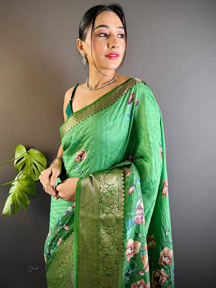 Green Floral Printed Soft Silk Saree with Golden Zari Border