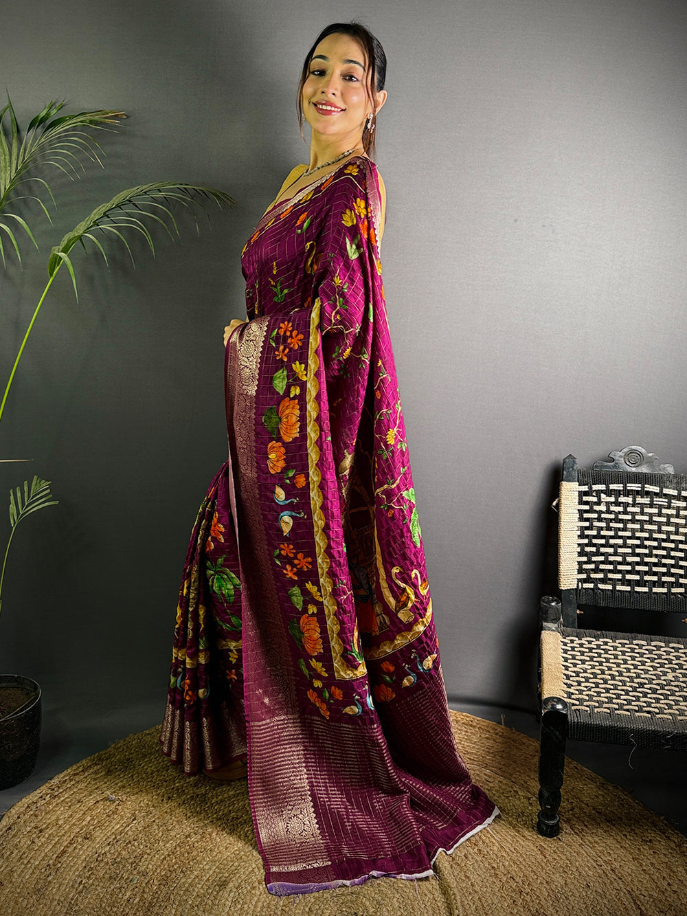 Wine Purple Banarasi Silk Saree with Multicolor Floral Weaving & Rich Zari Pallu