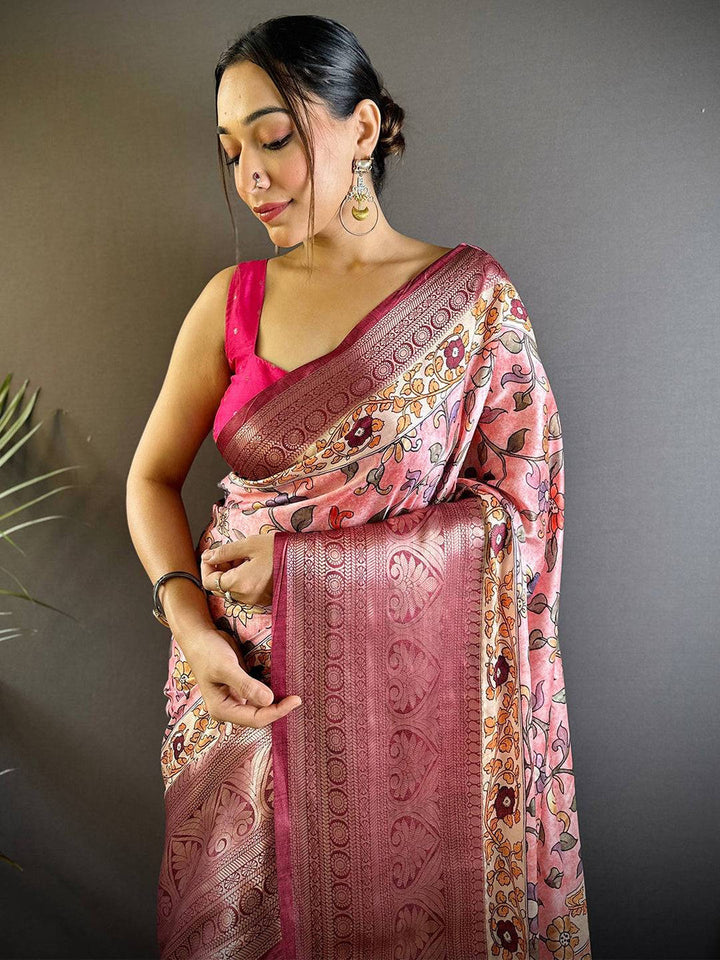 Pink Madhubani Printed Soft Silk Saree with Detailed Zari Border