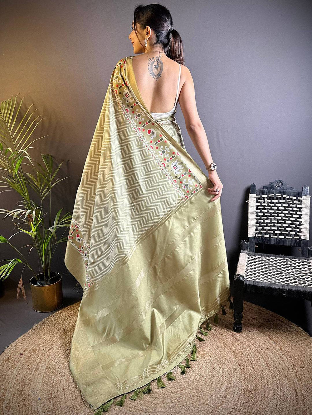 Golden Beige Soft Silk Saree with Meena Work Print & Zari Border