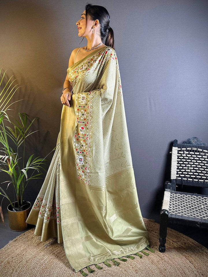 Golden Beige Soft Silk Saree with Meena Work Print & Zari Border