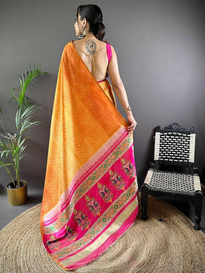 Orange Soft Silk Saree with Subtle Chevron Weave