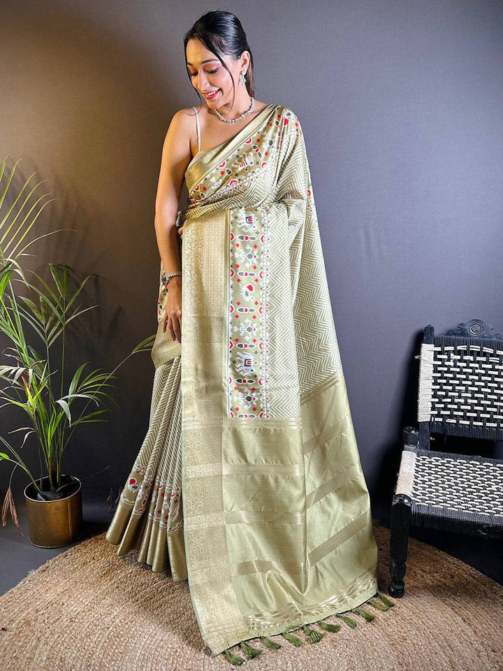 Golden Beige Soft Silk Saree with Meena Work Print & Zari Border