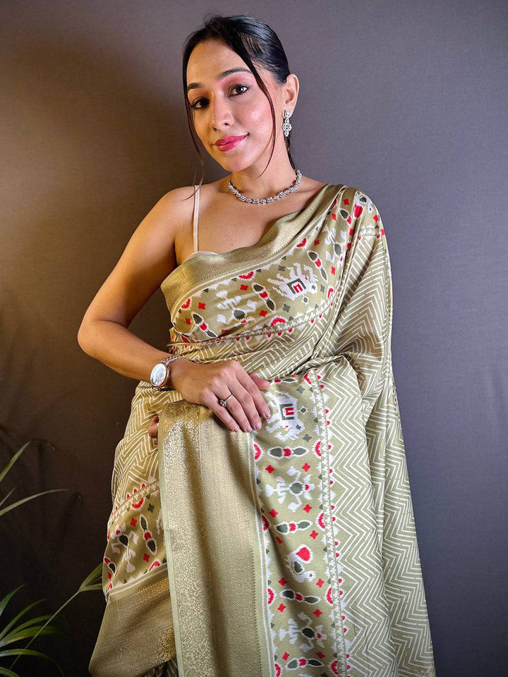 Golden Beige Soft Silk Saree with Meena Work Print & Zari Border