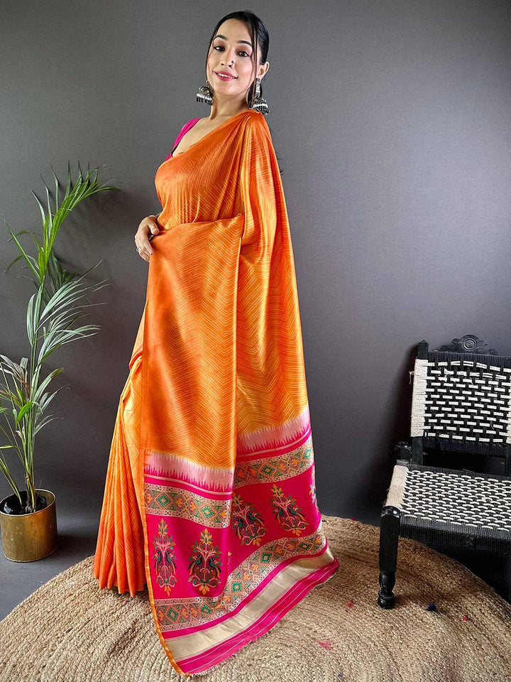 Orange Soft Silk Saree with Subtle Chevron Weave