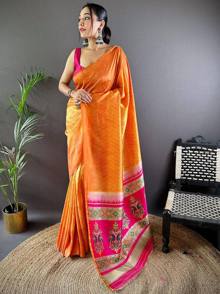 Orange Soft Silk Saree with Subtle Chevron Weave