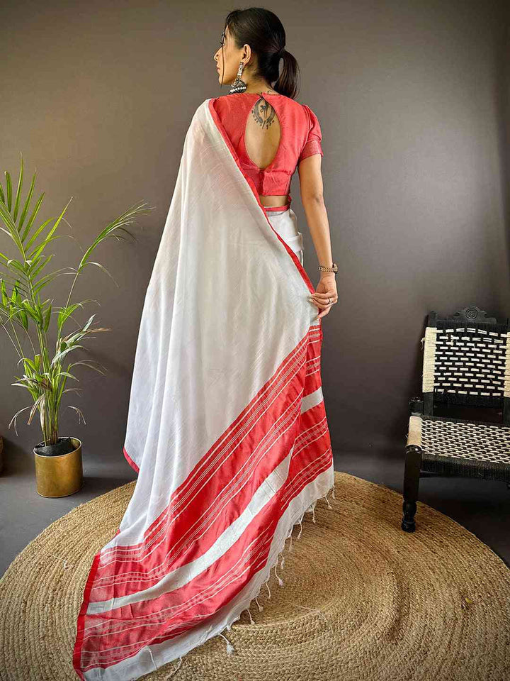 White Linen Cotton Saree with Red Border & Striped Pallu