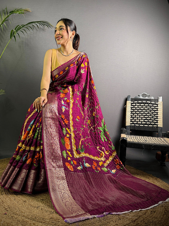 Wine Purple Banarasi Silk Saree with Multicolor Floral Weaving & Rich Zari Pallu