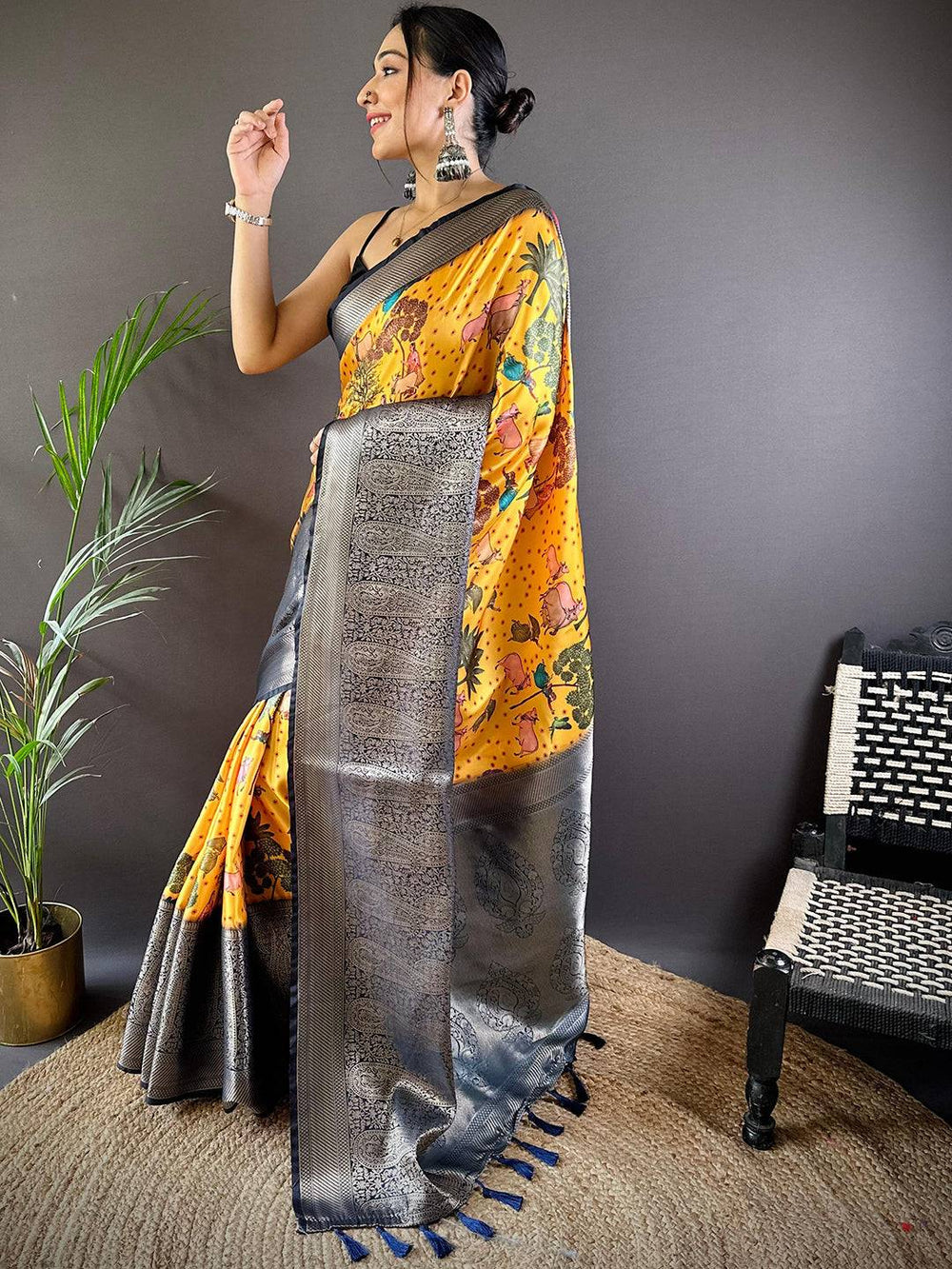 Yellow Madhubani Printed Soft Silk Saree with Grey Zari Border & Tassel Pallu