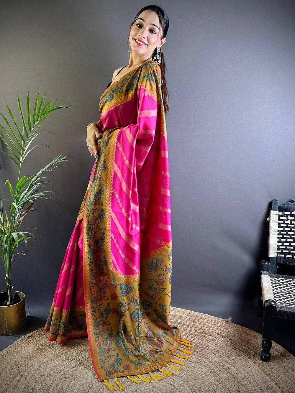 Pink & Mustard Floral Printed Soft Silk Saree with Zari Border & Tassel Pallu