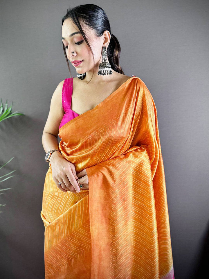 Orange Soft Silk Saree with Subtle Chevron Weave