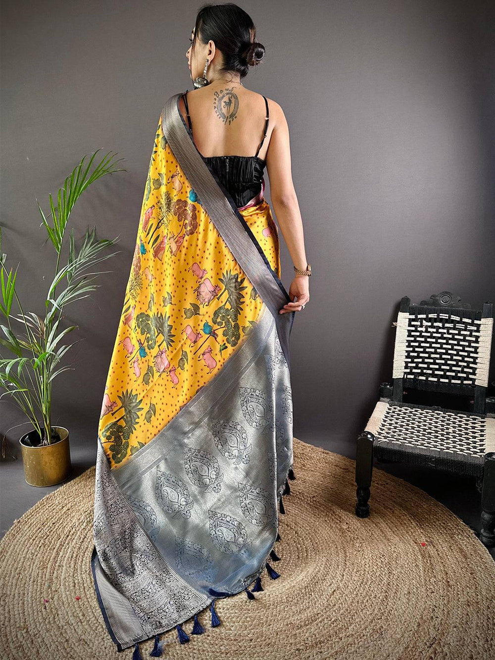 Yellow Madhubani Printed Soft Silk Saree with Grey Zari Border & Tassel Pallu