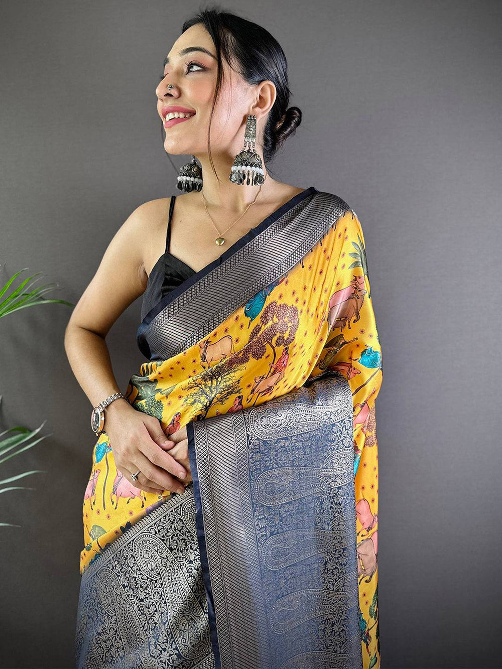 Yellow Madhubani Printed Soft Silk Saree with Grey Zari Border & Tassel Pallu