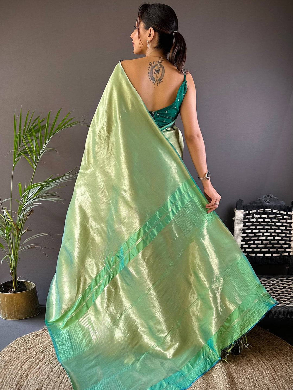 Pastel Green Soft Silk Saree with Glossy Finish & Contrast Border