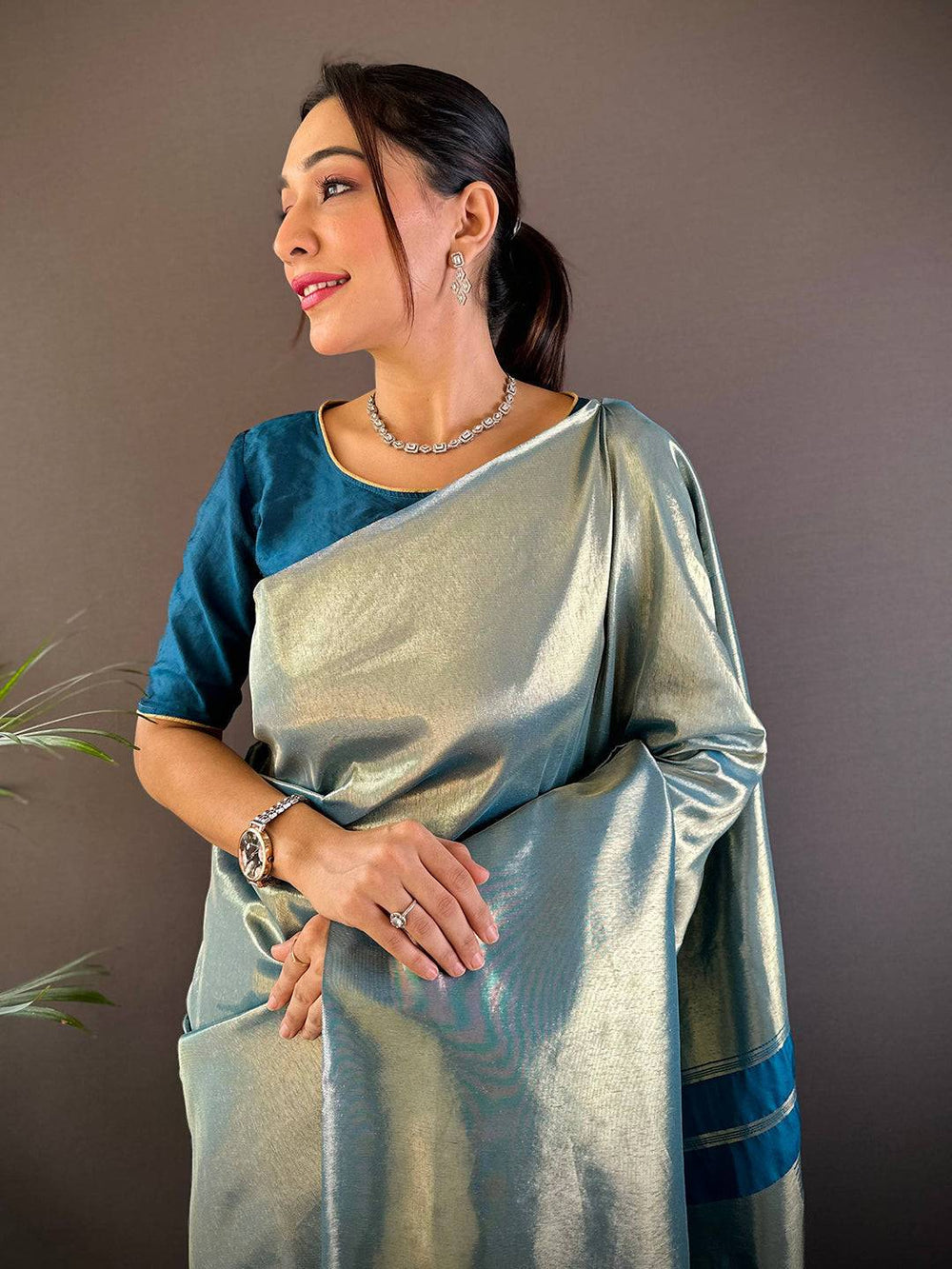 Silver Blue Soft Silk Saree with Glossy Finish & Contrast Woven Border