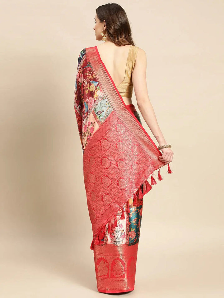 Red Banarasi Silk Saree with Floral Patchwork Digital Print & Rich Zari Border