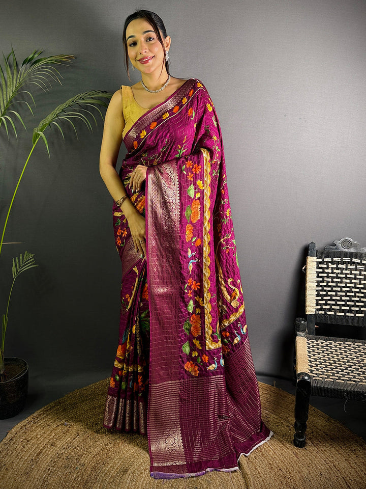 Wine Purple Banarasi Silk Saree with Multicolor Floral Weaving & Rich Zari Pallu