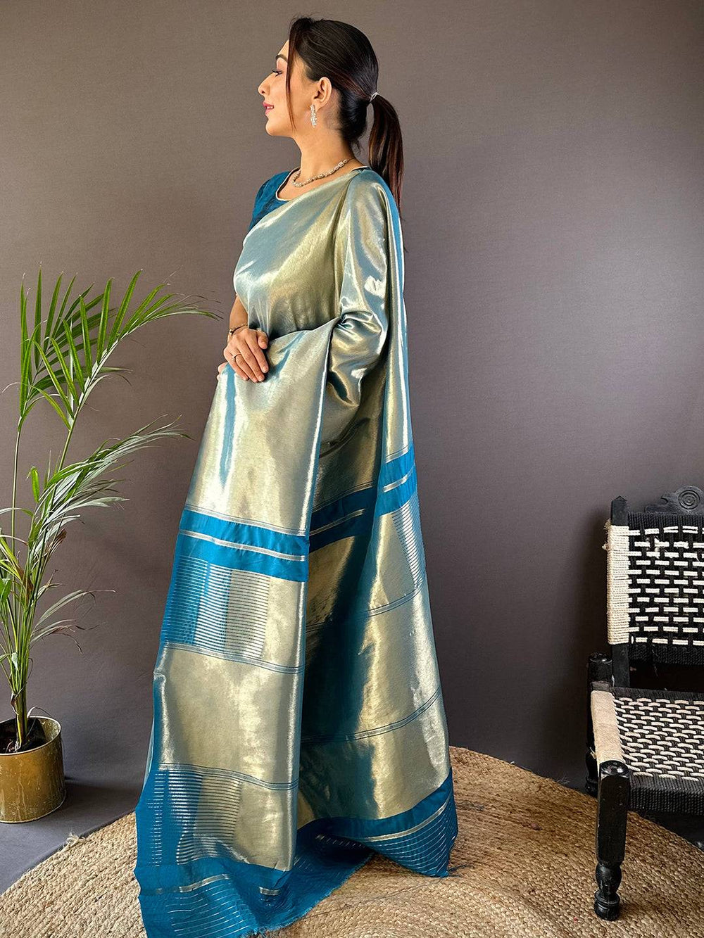 Silver Blue Soft Silk Saree with Glossy Finish & Contrast Woven Border