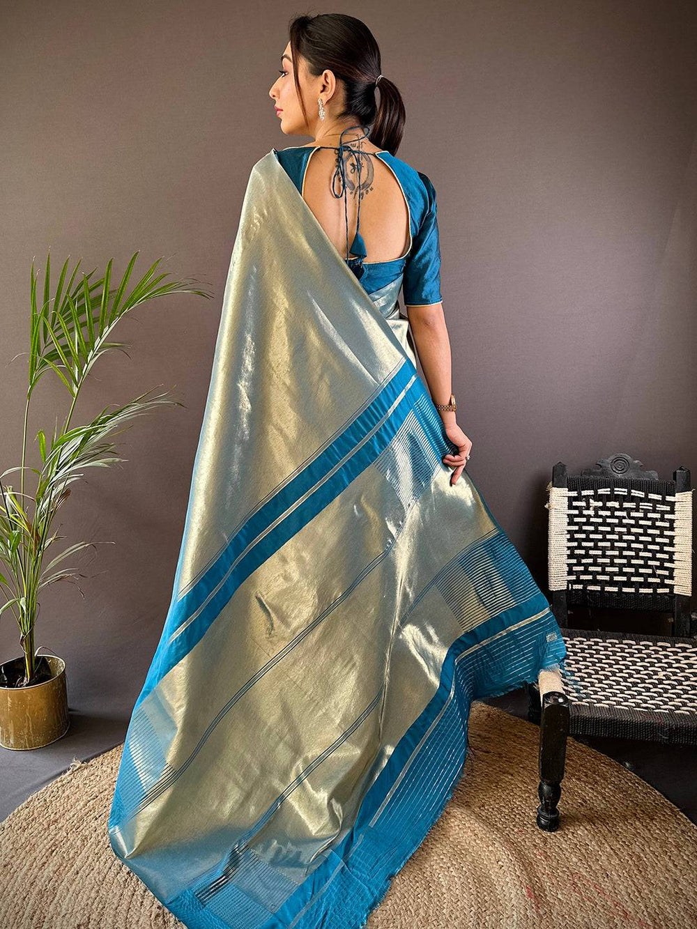 Silver Blue Soft Silk Saree with Glossy Finish & Contrast Woven Border