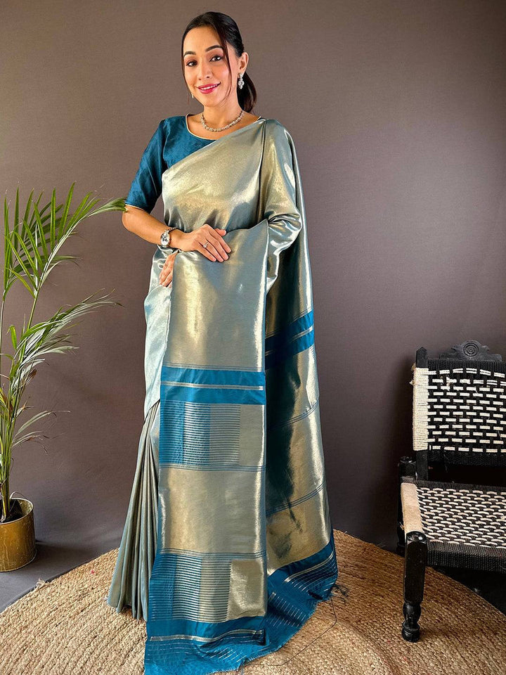 Silver Blue Soft Silk Saree with Glossy Finish & Contrast Woven Border