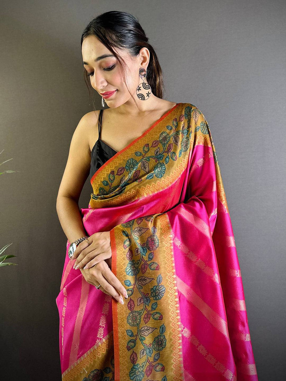 Pink & Mustard Floral Printed Soft Silk Saree with Zari Border & Tassel Pallu
