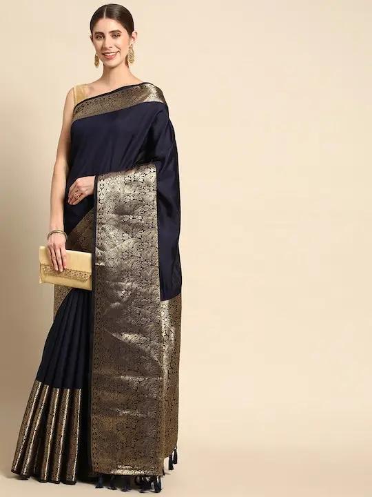 Navy Blue Banarasi Silk Saree with Antique Gold Zari Border & Pallu